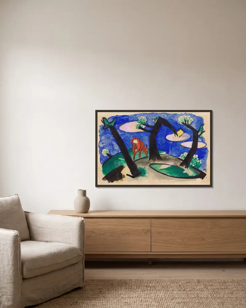 Landschaft mit einem roten Tier von Franz Marc gerahmt an einer Wand