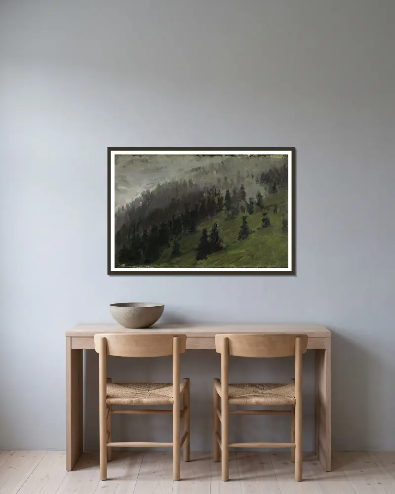Nebel zwischen Tannen av Franz Marc inramad på en vägg