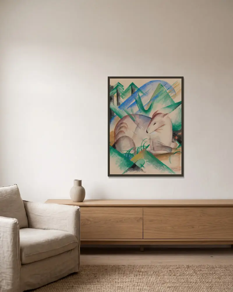 Roter Hirsch von Franz Marc gerahmt an einer Wand