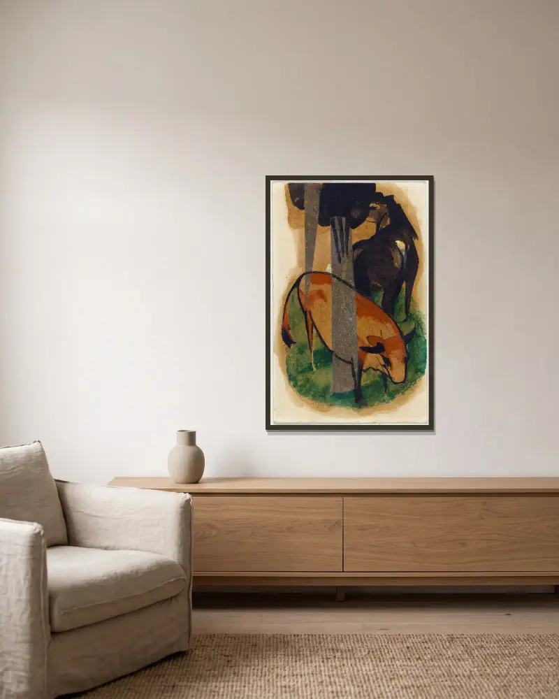Red horse and yellow cattle (black-brown horse and yellow cattle) av Franz Marc inramad på en vägg