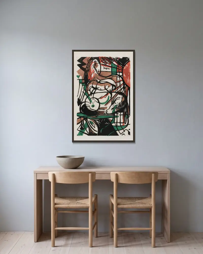 Die Geburt der Pferde von Franz Marc gerahmt an einer Wand