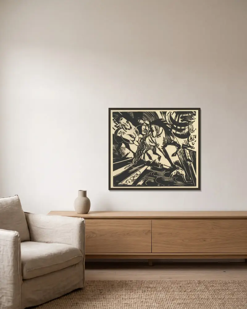 Die Reitschule von Franz Marc gerahmt an einer Wand