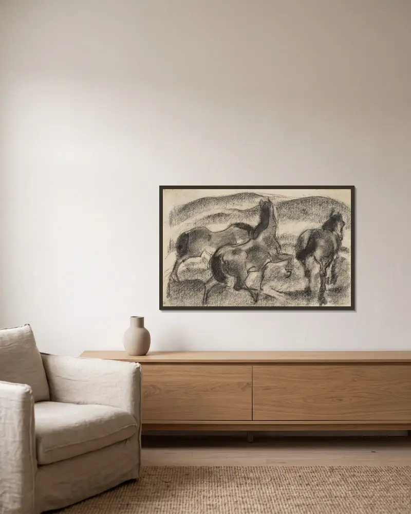 Three Horses in a Hilly Landscape av Franz Marc inramad på en vägg