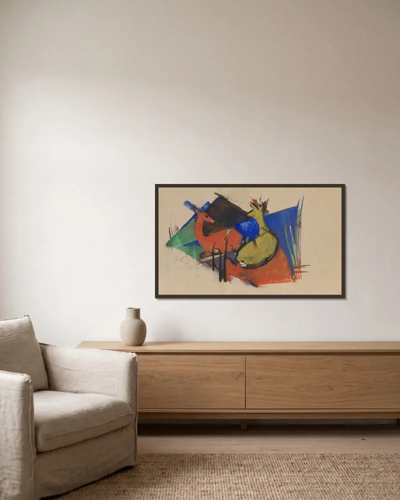 Dva ležící srnci, Franz Marc v rámu na stěně