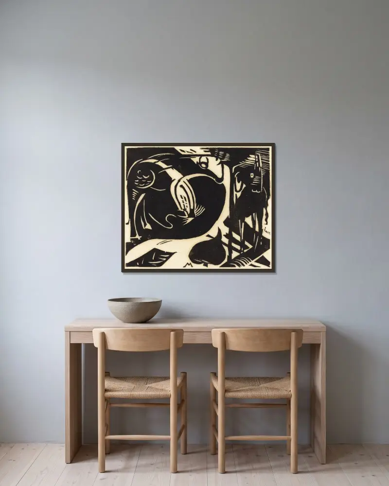 Dvě bájná zvířata, Franz Marc v rámu na stěně