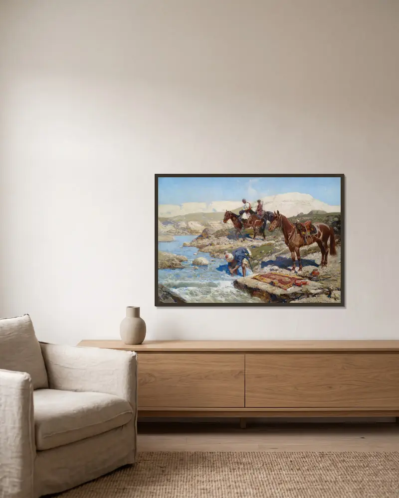 Circassian Horsemen at a River av Franz Roubaud inramad på en vägg