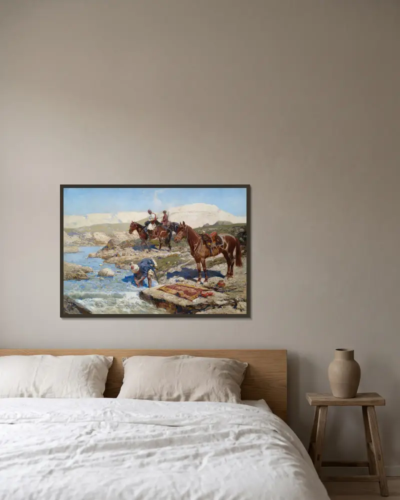 Circassian Horsemen at a River av Franz Roubaud inramad på en vägg