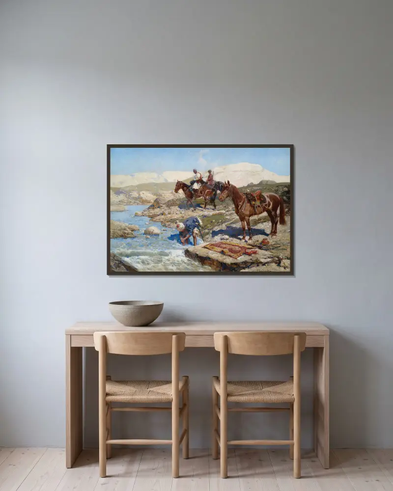 Circassian Horsemen at a River av Franz Roubaud inramad på en vägg
