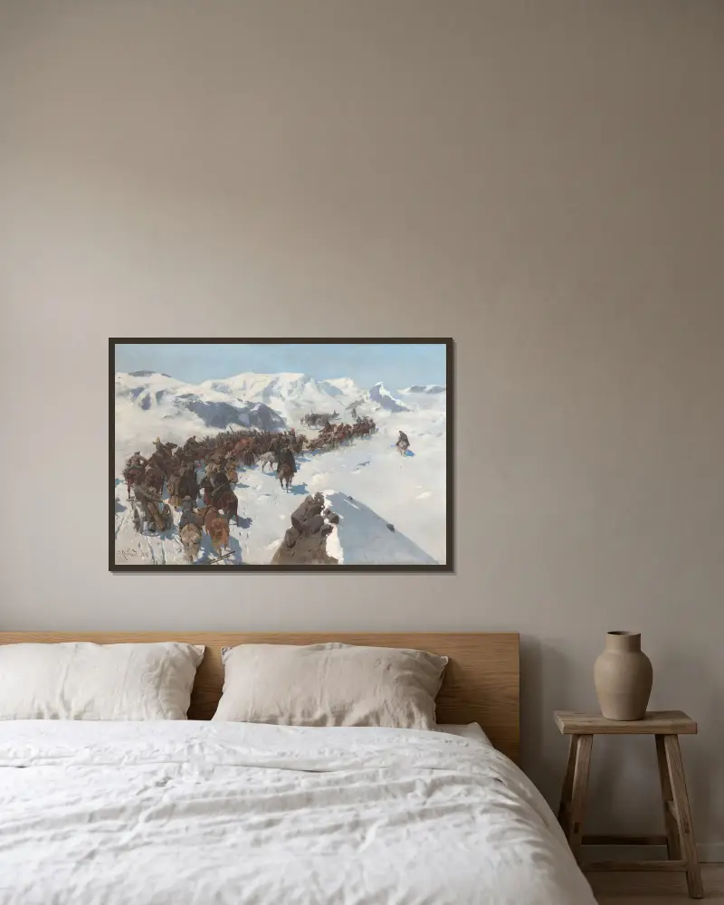Argutinskijs övergång över Kaukasus snötäckta berg 1853 av Franz Roubaud inramad på en vägg