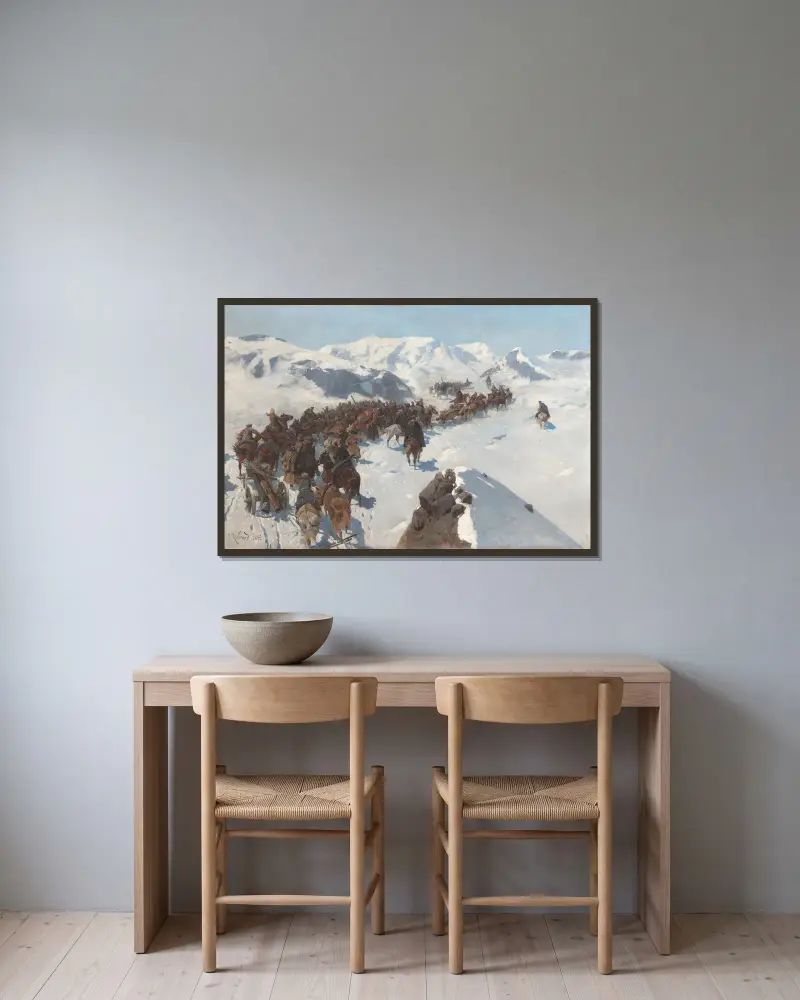 Argutinskijs övergång över Kaukasus snötäckta berg 1853 av Franz Roubaud inramad på en vägg