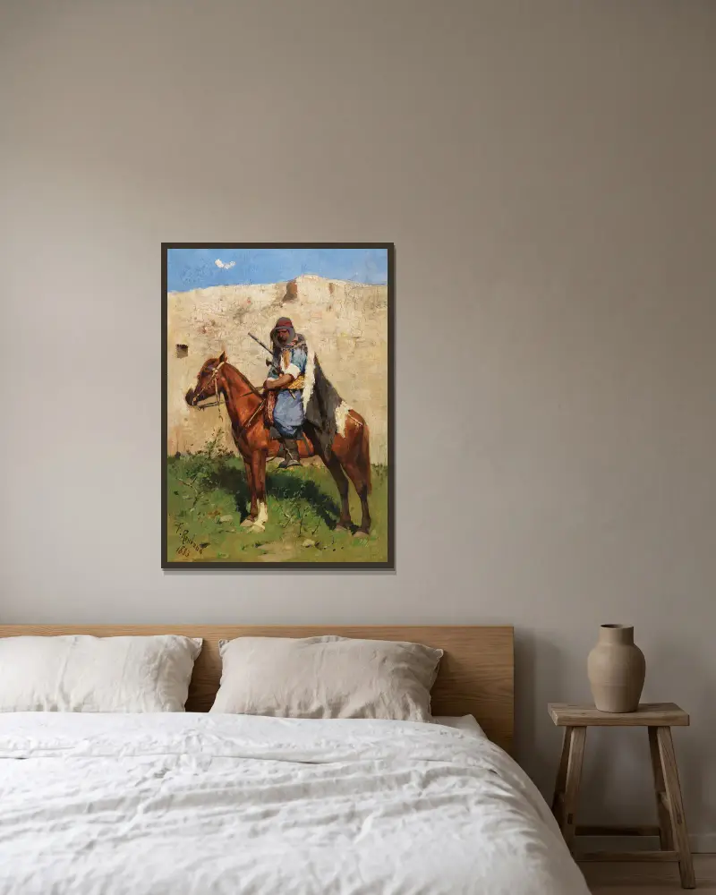 Kaukasischer Reiter, 1883 von Franz Roubaud gerahmt an einer Wand