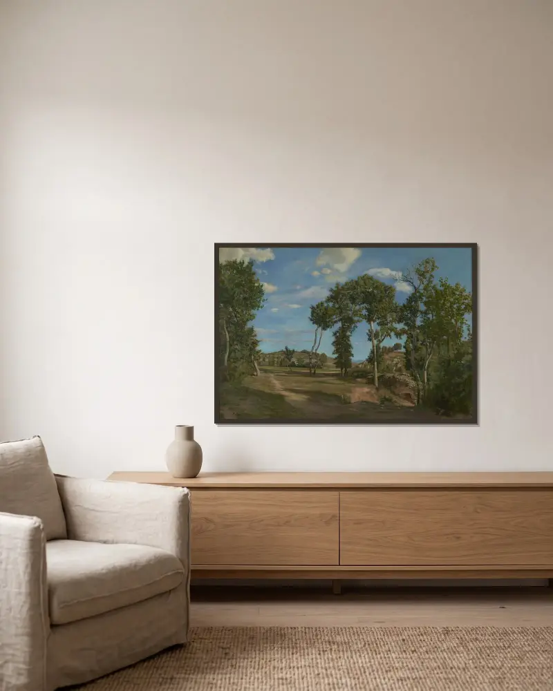 Paysage au bord du Lez (Landscape by the Lez River) av Frédéric Bazille inramad på en vägg