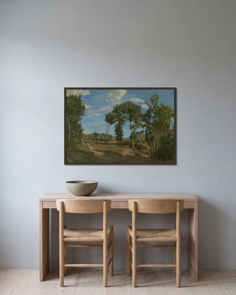 Paysage au bord du Lez (Landscape by the Lez River) av Frédéric Bazille inramad på en vägg