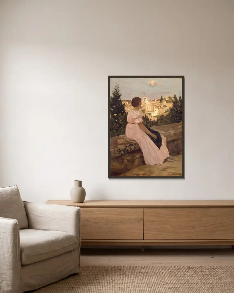The Pink Dress av Frédéric Bazille inramad på en vägg