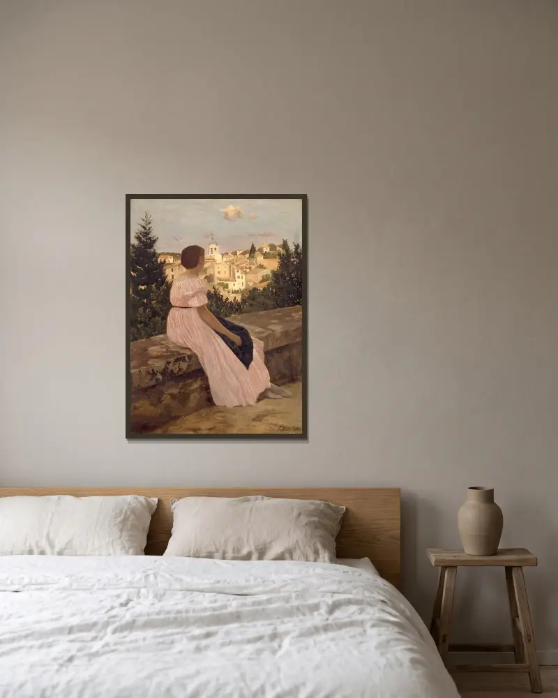 The Pink Dress av Frédéric Bazille inramad på en vägg