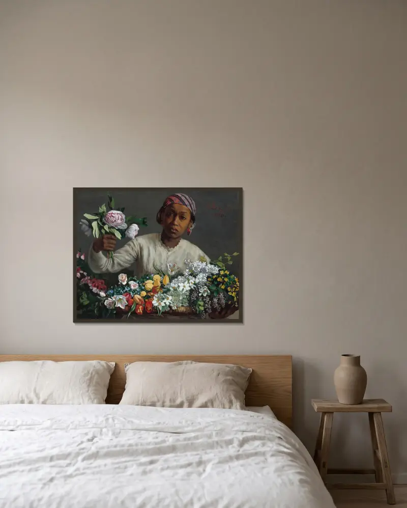 Young Woman with Peonies av Frédéric Bazille inramad på en vägg