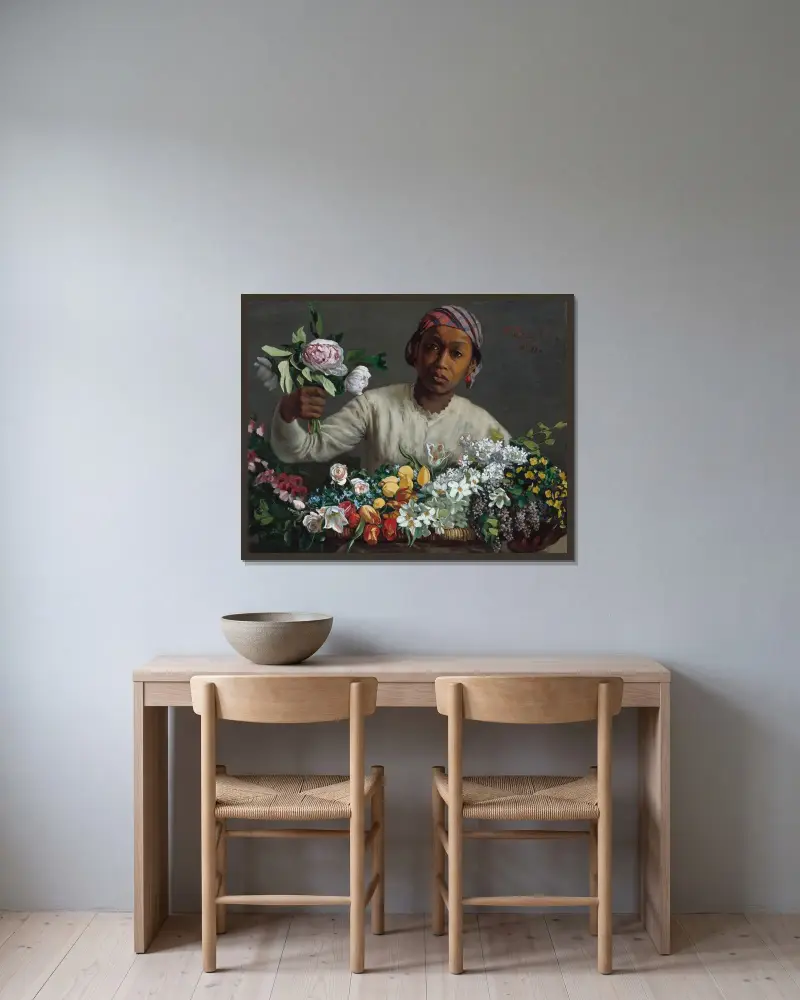Young Woman with Peonies av Frédéric Bazille inramad på en vägg