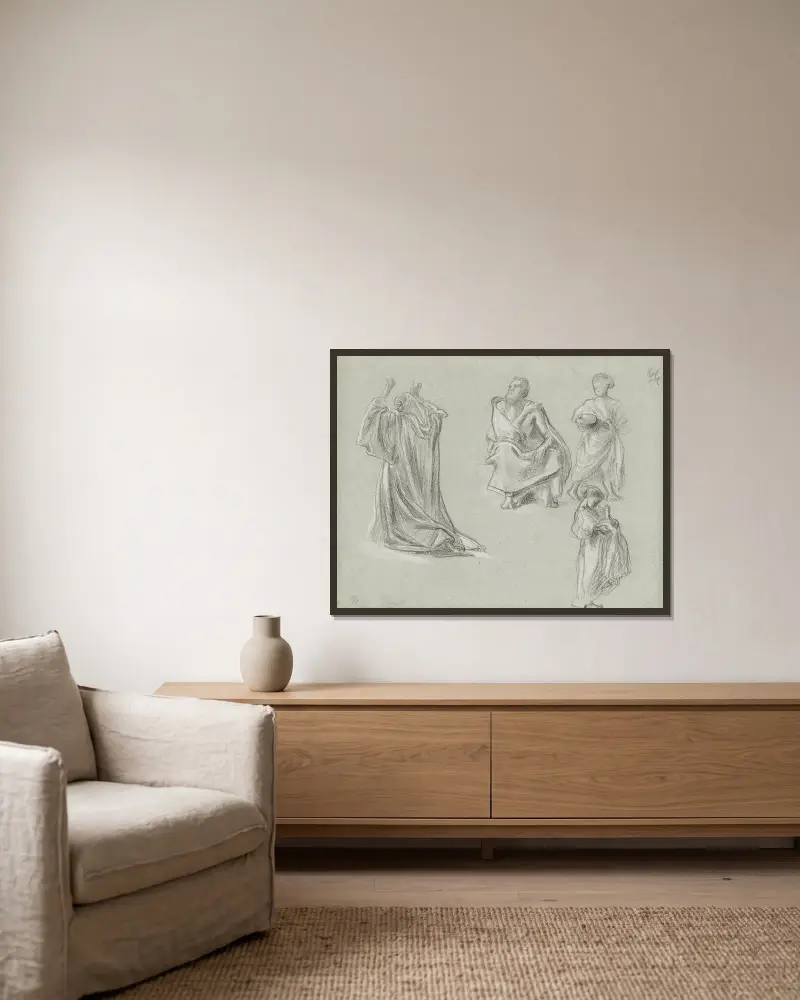 A sheet of figure studies av Frederic Leighton inramad på en vägg