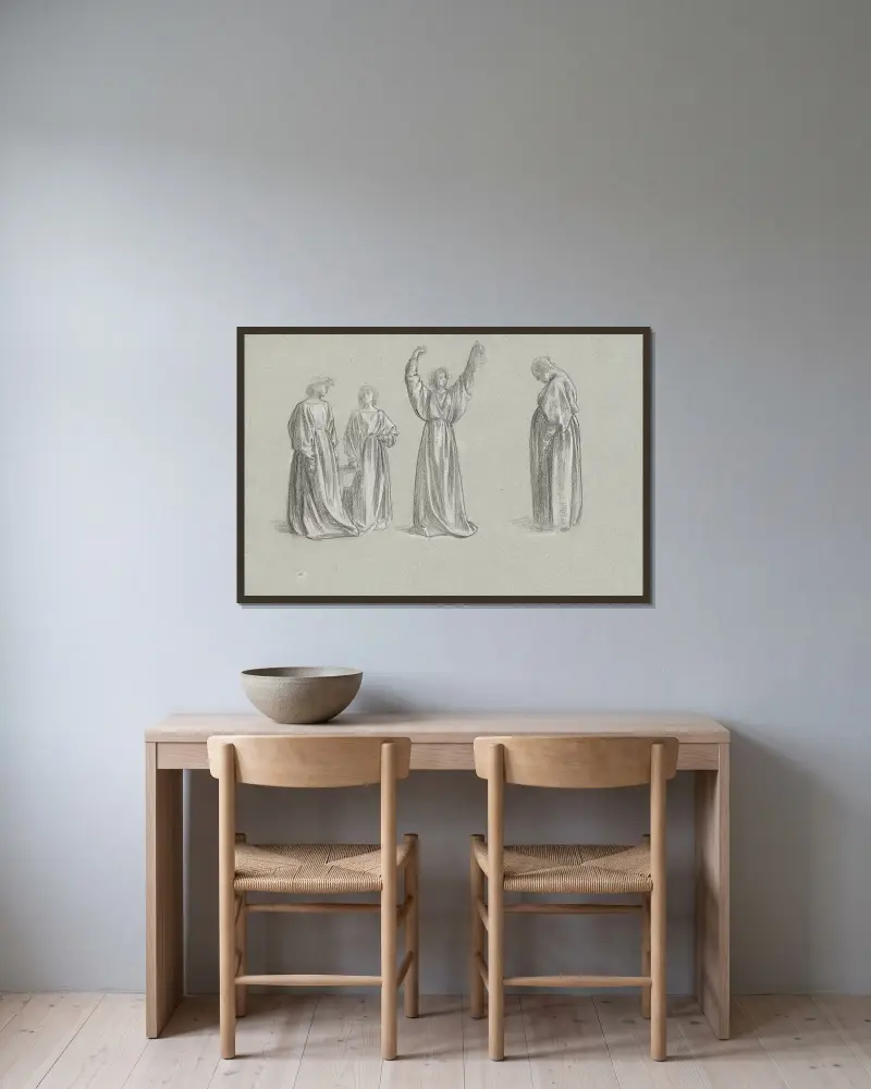 A sheet of studies for ‘Romola’; Monna Brigida’s conversion av Frederic Leighton inramad på en vägg
