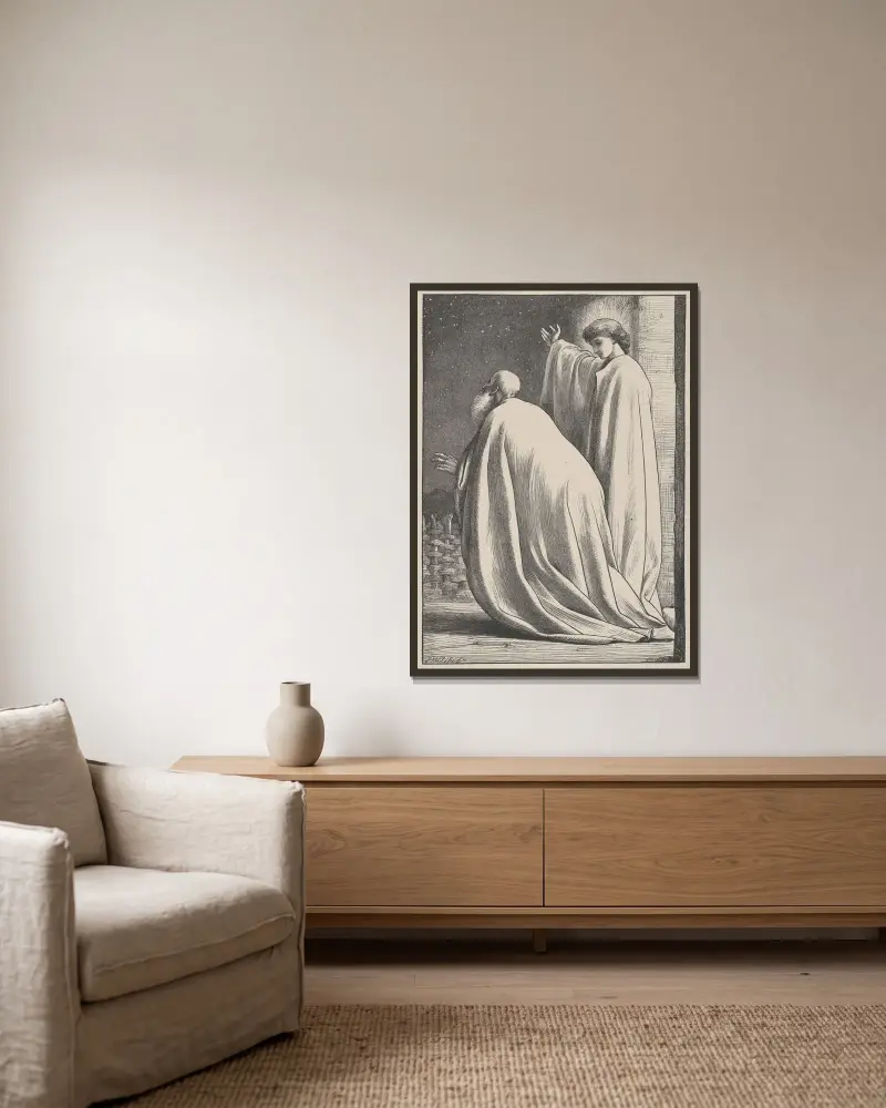 Abraham und der Engel von Frederic Leighton gerahmt an einer Wand