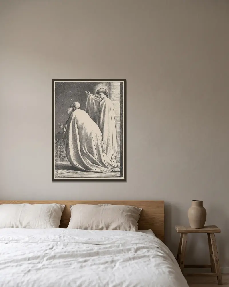 Abraham und der Engel von Frederic Leighton gerahmt an einer Wand
