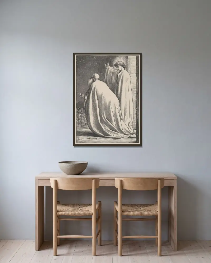Abraham und der Engel von Frederic Leighton gerahmt an einer Wand