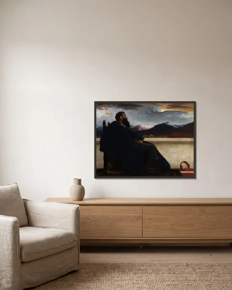 David, ack att jag hade vingar som en duva! Ty då skulle jag flyga bort och finna ro. Psalm 55:6 av Frederic Leighton inramad på en vägg