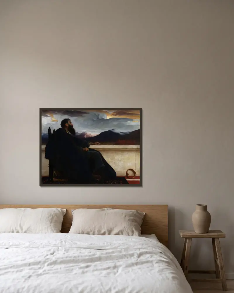 David, ack att jag hade vingar som en duva! Ty då skulle jag flyga bort och finna ro. Psalm 55:6 av Frederic Leighton inramad på en vägg