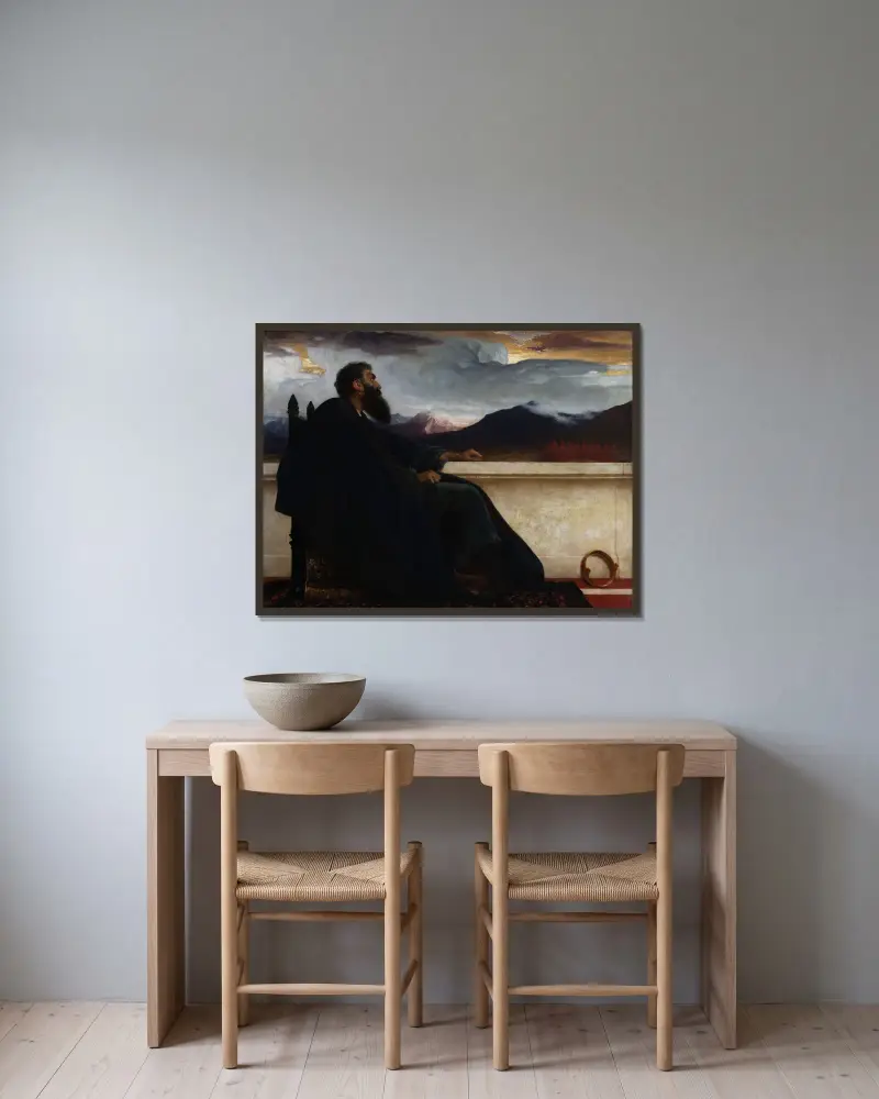 David, ack att jag hade vingar som en duva! Ty då skulle jag flyga bort och finna ro. Psalm 55:6 av Frederic Leighton inramad på en vägg