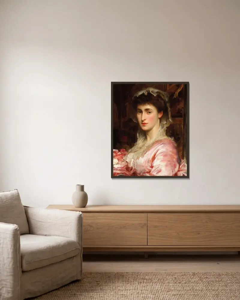 Portrait of May Sartoris, Mrs Henry Evans Gordon av Frederic Leighton inramad på en vägg