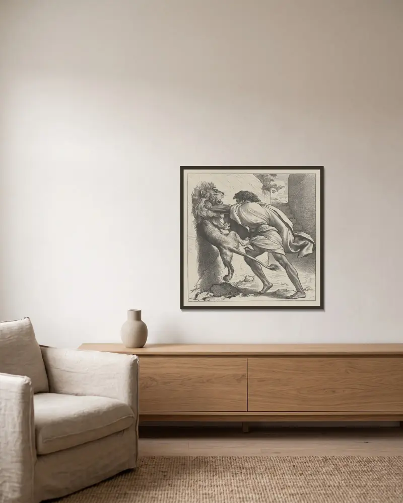 Samson und der Löwe von Frederic Leighton gerahmt an einer Wand