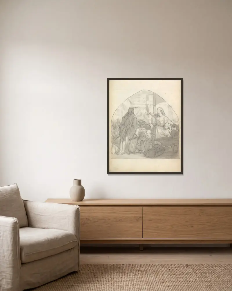 Scen i en italiensk stad med figurer nära en fontän av Frederic Leighton inramad på en vägg