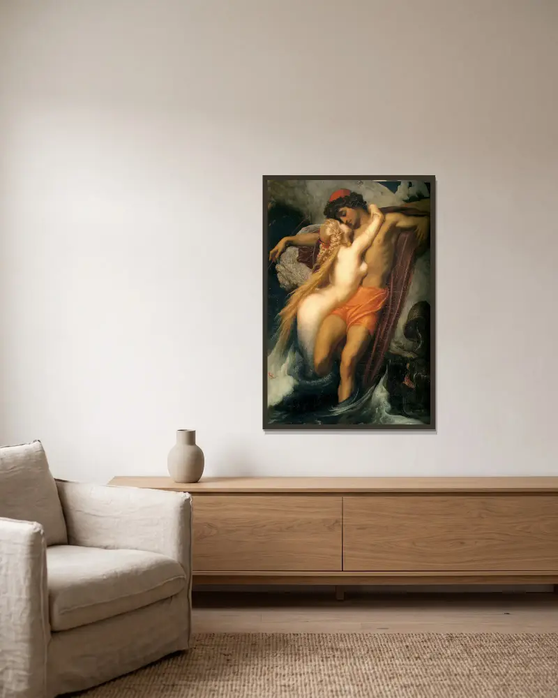 Der Fischer und die Sirene von Frederic Leighton gerahmt an einer Wand