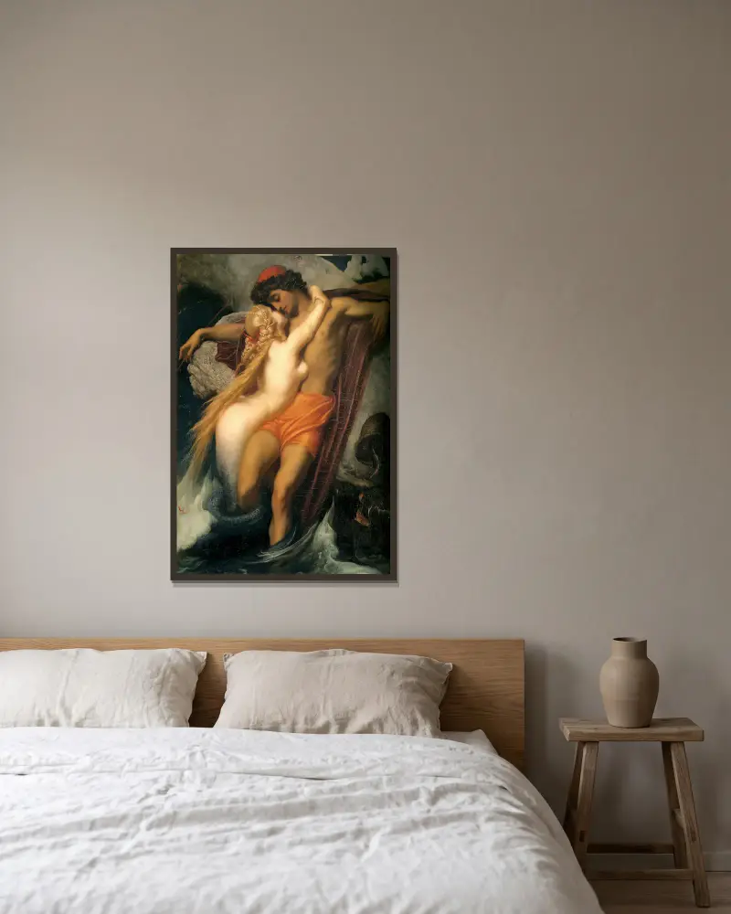 Der Fischer und die Sirene von Frederic Leighton gerahmt an einer Wand