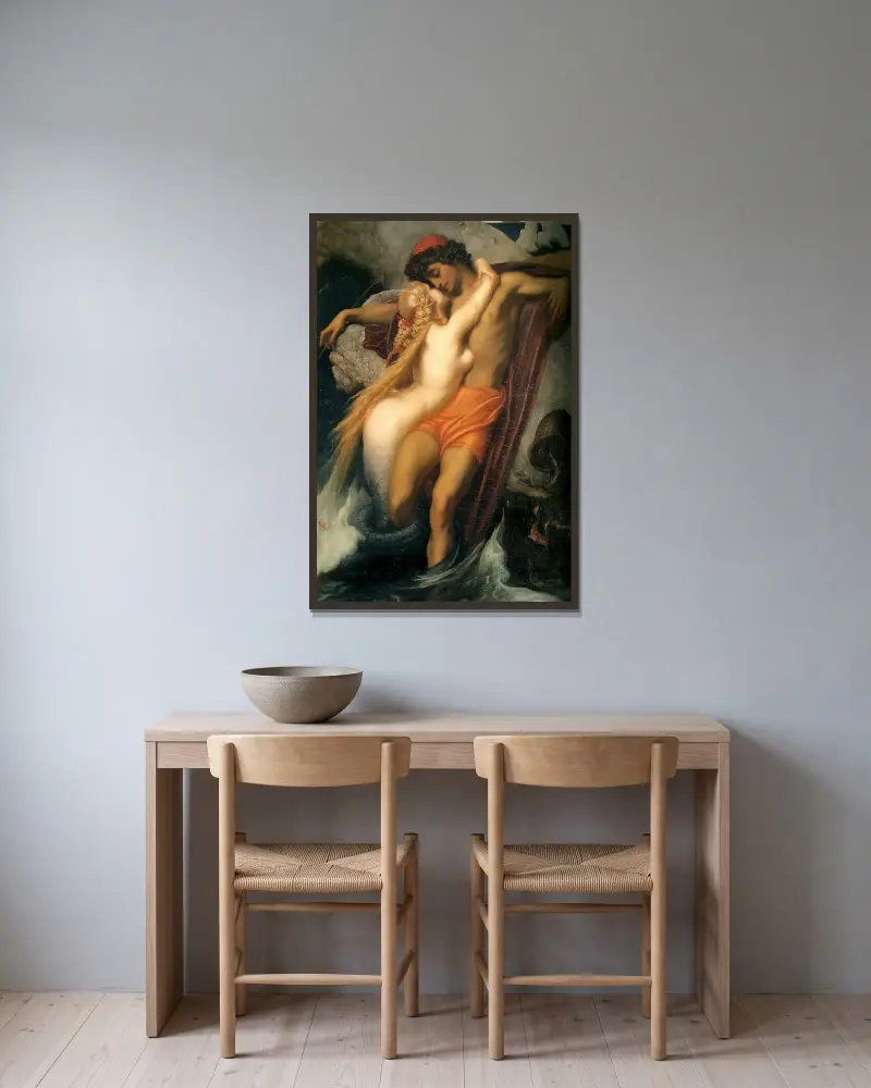 Der Fischer und die Sirene von Frederic Leighton gerahmt an einer Wand