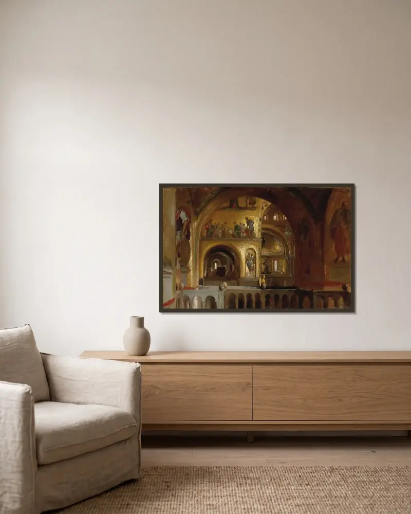 The Interior of St Mark’s Basilica, Venice av Frederic Leighton inramad på en vägg