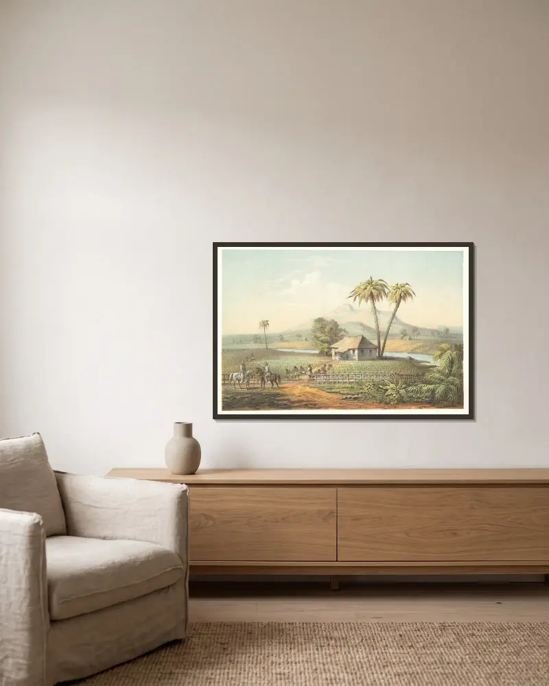 Blick auf ein Tabakfeld von Pierre Toussaint Frédéric Mialhe gerahmt an einer Wand