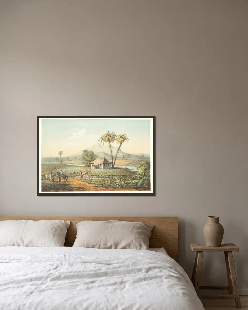 Blick auf ein Tabakfeld von Pierre Toussaint Frédéric Mialhe gerahmt an einer Wand