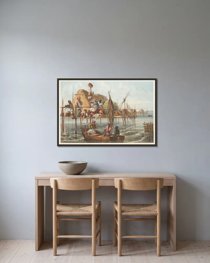 Vivienda de los pescadores de esponjas av Pierre Toussaint Frédéric Mialhe inramad på en vägg