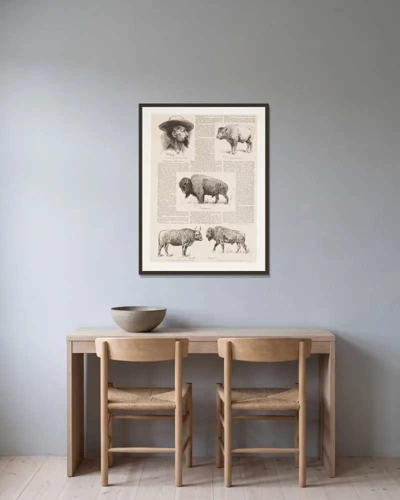 6 drawings of American buffalo and portrait of Ho.N.C.J. Jones, Garden City, Kansas av Frederic Remington inramad på en vägg