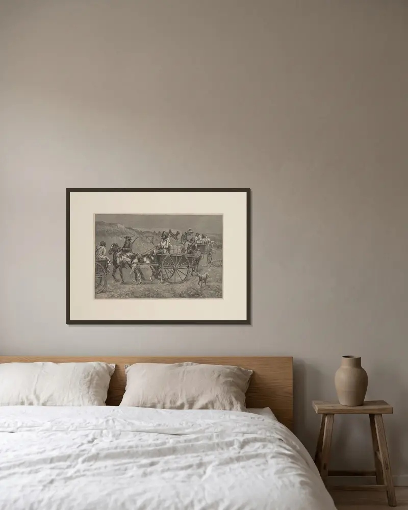 En pälsdjurstransport från långt norr av Frederic Remington inramad på en vägg