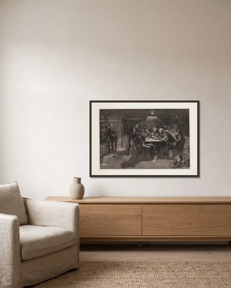 Ein Streit beim Kartenspiel – eine Skizze von einer Ranch in New Mexico von Frederic Remington gerahmt an einer Wand