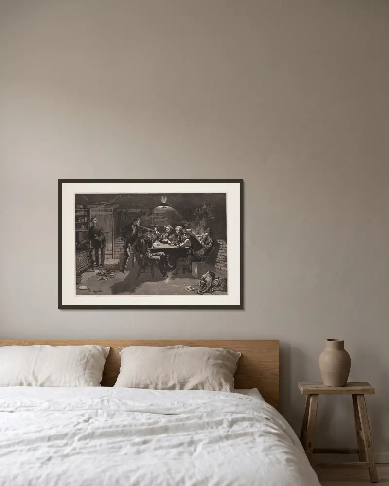 Ein Streit beim Kartenspiel – eine Skizze von einer Ranch in New Mexico von Frederic Remington gerahmt an einer Wand