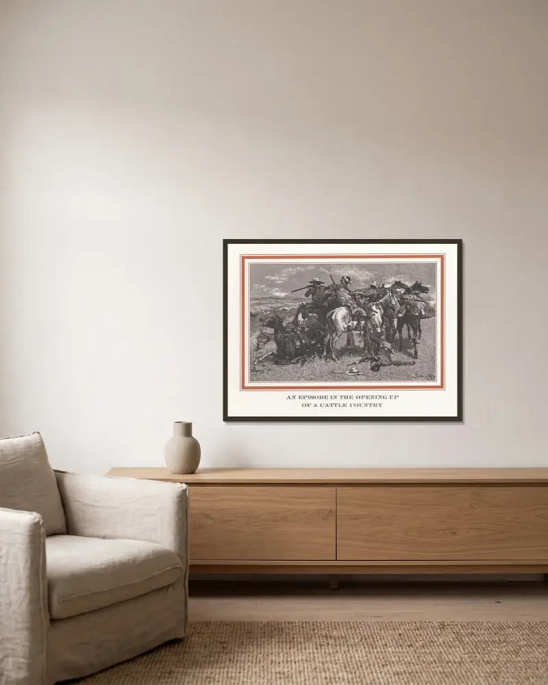 En episod i öppnandet av ett boskapsland av Frederic Remington inramad på en vägg