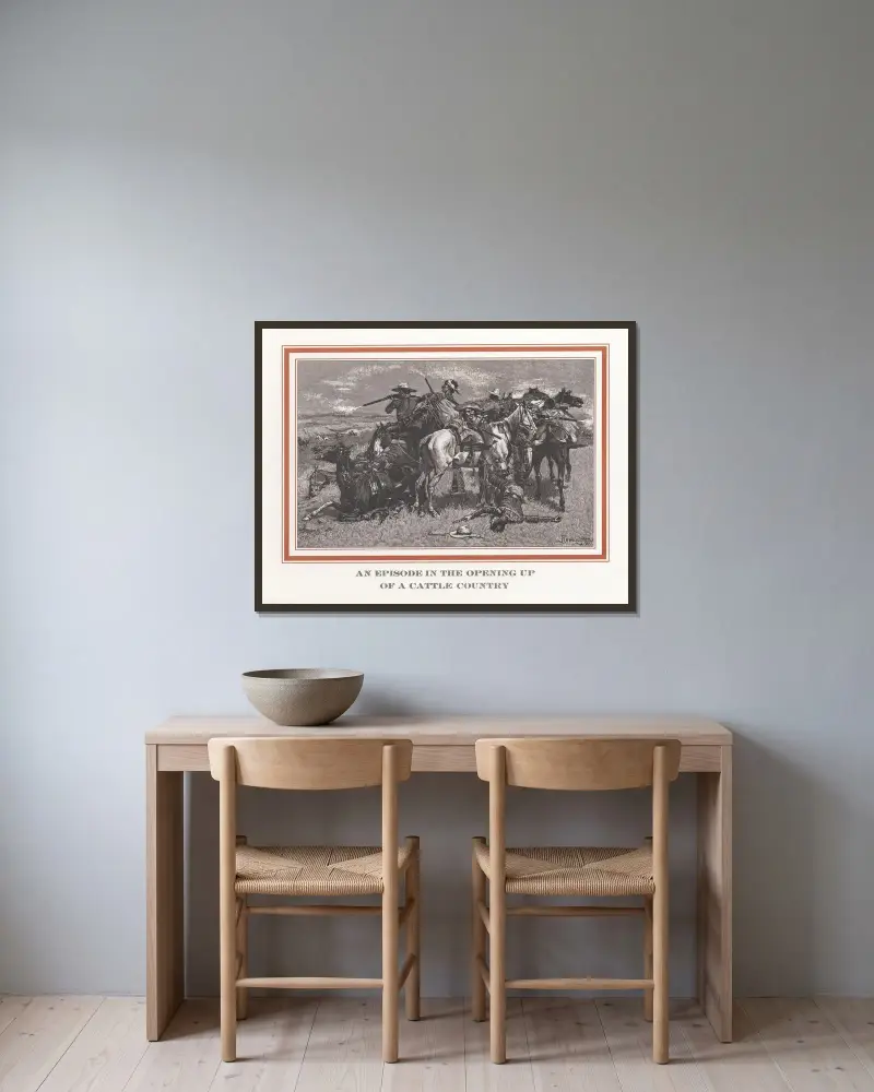 En episod i öppnandet av ett boskapsland av Frederic Remington inramad på en vägg