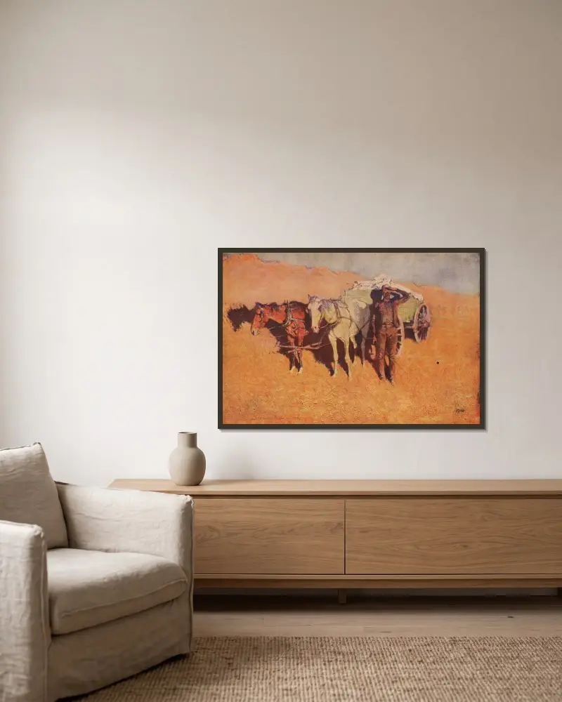 I mörkret för en torr lägerplats av Frederic Remington inramad på en vägg
