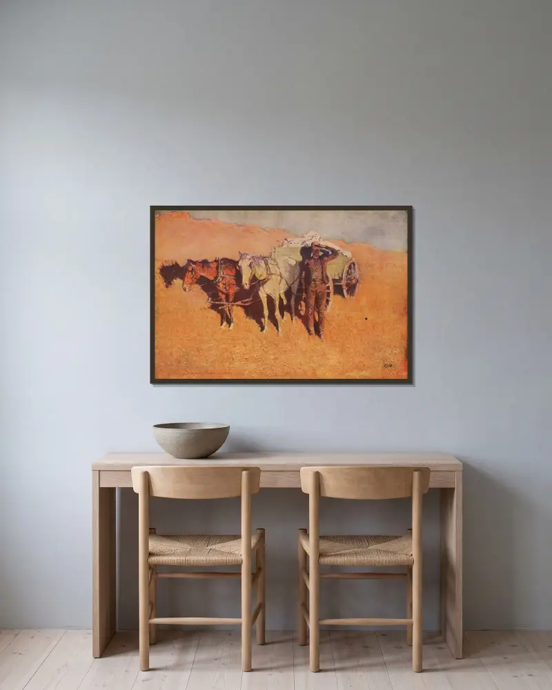 I mörkret för en torr lägerplats av Frederic Remington inramad på en vägg