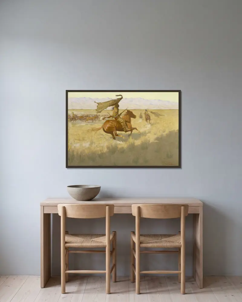 Change of Ownership (The Stampede; Horse Thieves) av Frederic Remington inramad på en vägg