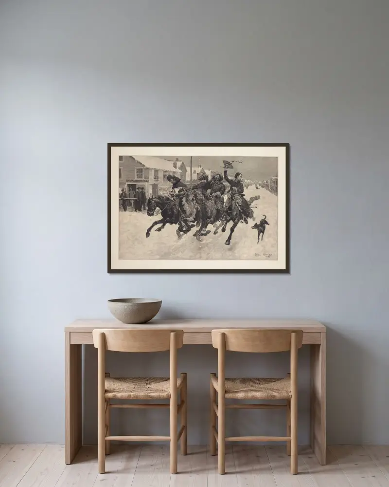 Cowboys som kommer till stan för jul av Frederic Remington inramad på en vägg