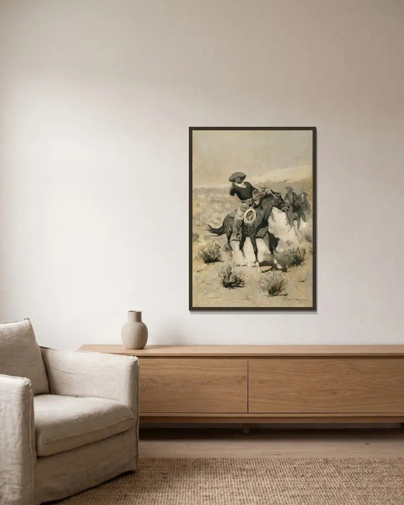 Dagar på prärien ('Händerna upp!') av Frederic Remington inramad på en vägg